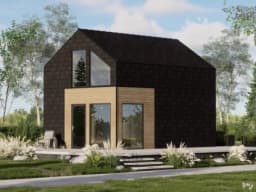 Dom Gustaw 5x7 m – widok boczny, z ozdobnymi detalami na dachu