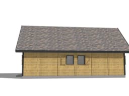 Widok frontalny domku letniskowego W2X2 – układ przestronny z tarasem